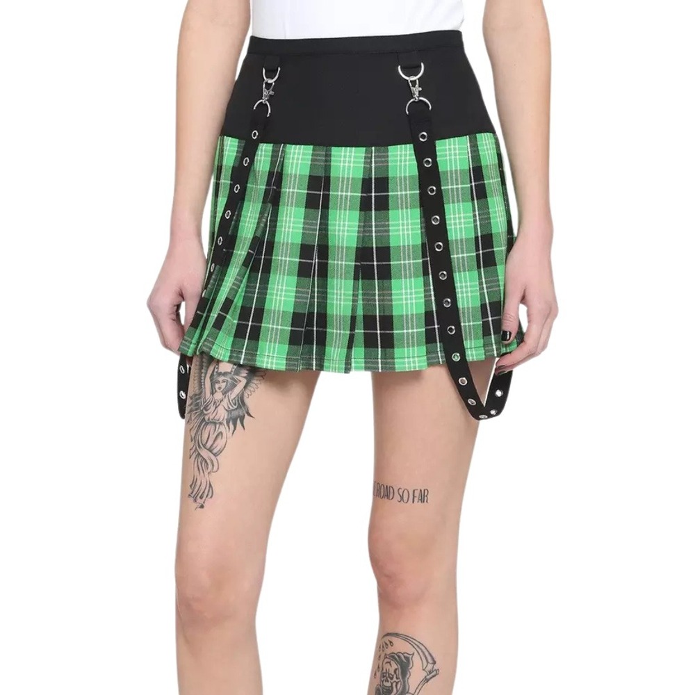 Hot Topic Skirt Womens XS Green Plaid Pleated Suspender Grommet Straps Goth Punk
